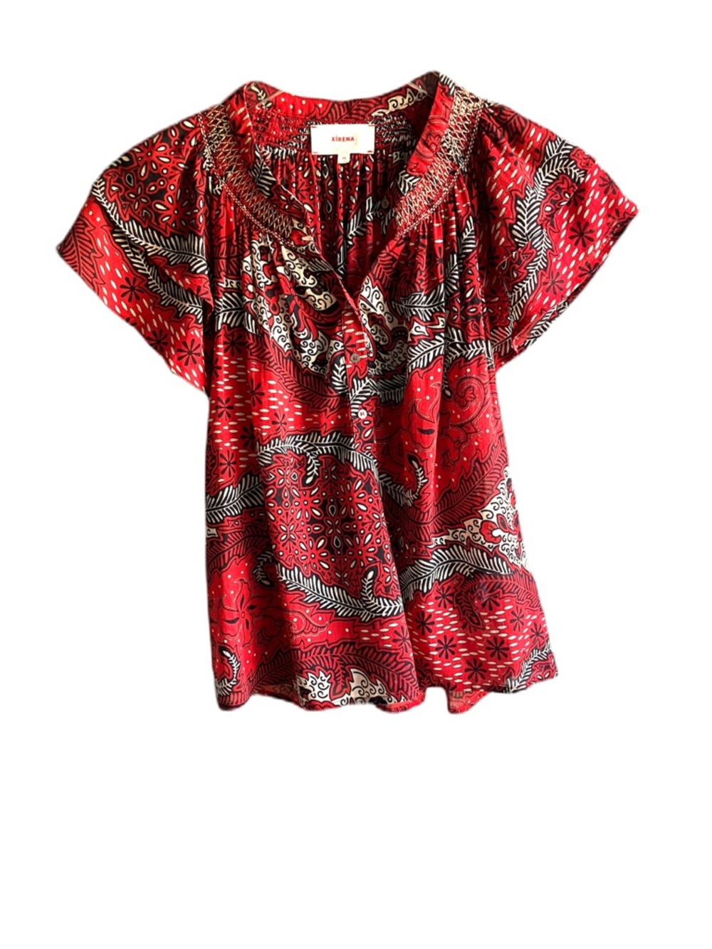 XiRENA Sumer Top Size XS Fire Red 100% Cotton Paisley Short Sleeve Blouse Resort